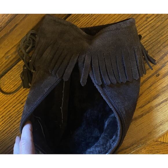 L.L. Bean Boots 10M Brown Suede Side Zip Lace Up Front Fringe Trim Moccasin Tall - Picture 8 of 9